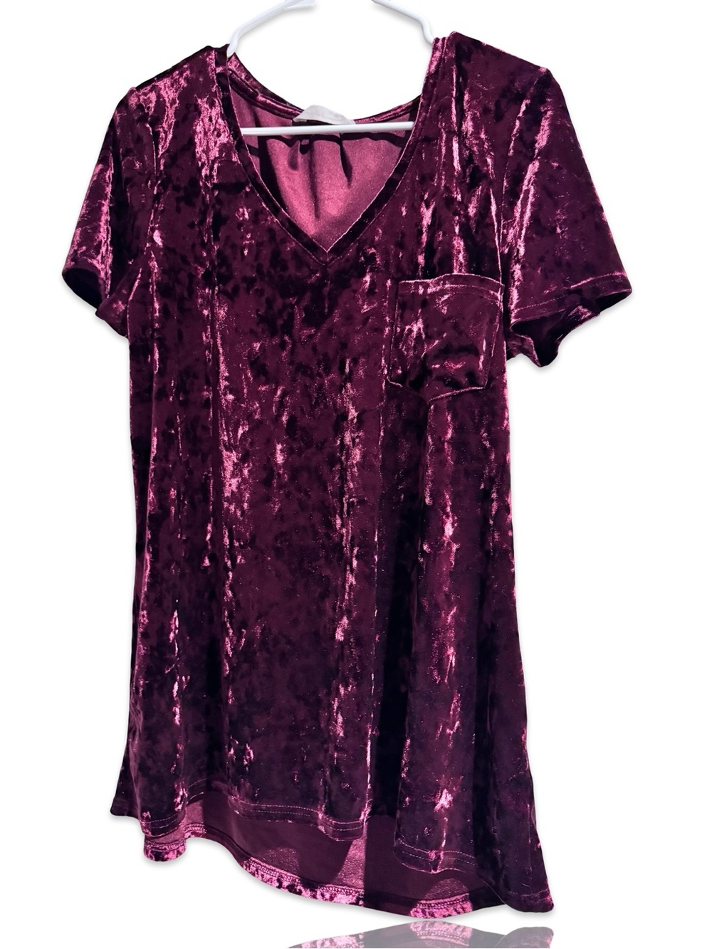 Crushed Velvet V-Neck Tunic with Pocket - Wine